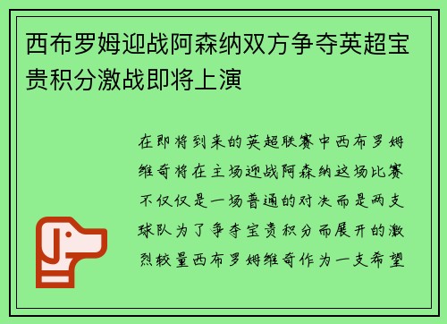 西布罗姆迎战阿森纳双方争夺英超宝贵积分激战即将上演